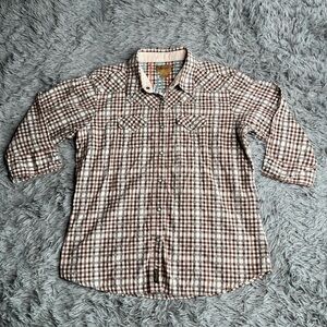 Wrangler Shirt Girls Large Pearl Snap Brown White Checkered Western Rodeo Studs